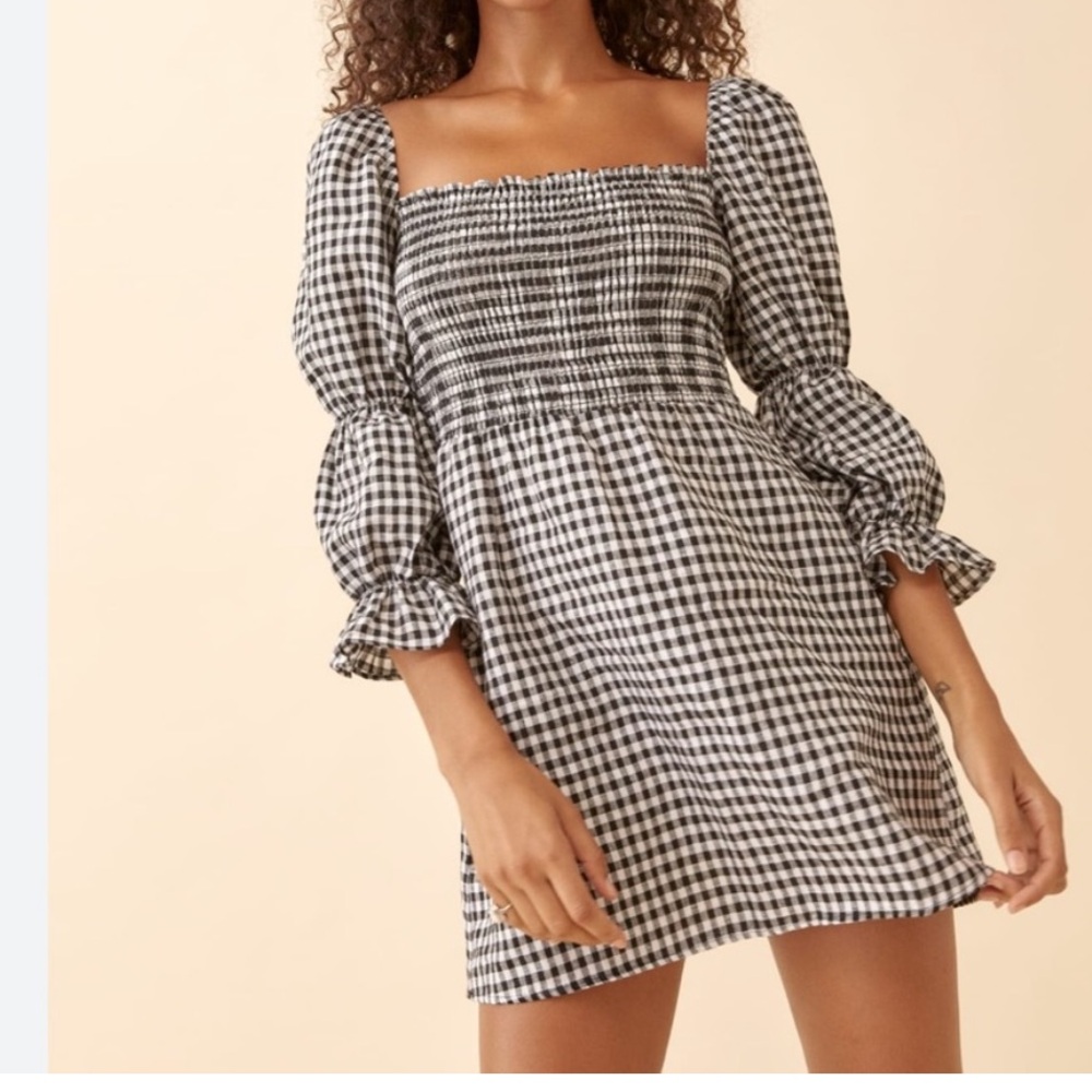 REFORMATION Zoya linen black and white check dress 2X